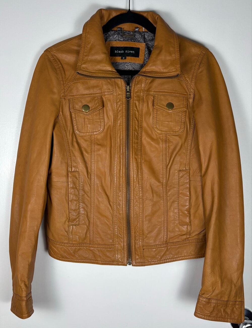 Black Rivet Camel Tan Genuine Leather Jacket Moto Bomber Full Zip